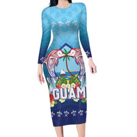 Guam Chamorro Long Sleeve Bodycon Dress Tribal Latte Stone With Dolphins Blue