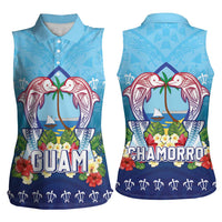 Guam Chamorro Women Sleeveless Polo Shirt Tribal Latte Stone With Dolphins Blue