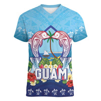 Guam Chamorro Women V-Neck T-Shirt Tribal Latte Stone With Dolphins Blue