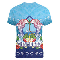Guam Chamorro Women V-Neck T-Shirt Tribal Latte Stone With Dolphins Blue
