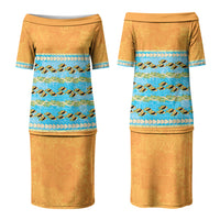 Hawaii Humuhumu Fish Maile Pikake Lei Couples Matching Puletasi and Hawaiian Shirt Tribal Tapa Orange Version