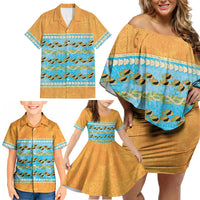 Hawaii Humuhumu Fish Maile Pikake Lei Family Matching Off Shoulder Short Dress and Hawaiian Shirt Tribal Tapa Orange Version