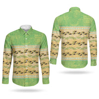 Hawaii Humuhumu Fish Maile Pikake Lei Couples Matching Off Shoulder Short Dress and Long Sleeve Button Shirt Tribal Tapa Green Version