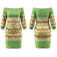 Hawaii Humuhumu Fish Maile Pikake Lei Couples Matching Off The Shoulder Long Sleeve Dress and Hawaiian Shirt Tribal Tapa Green Version