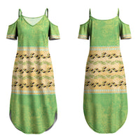 Hawaii Humuhumu Fish Maile Pikake Lei Couples Matching Summer Maxi Dress and Hawaiian Shirt Tribal Tapa Green Version