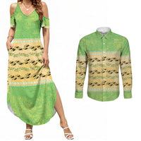 Hawaii Humuhumu Fish Maile Pikake Lei Couples Matching Summer Maxi Dress and Long Sleeve Button Shirt Tribal Tapa Green Version