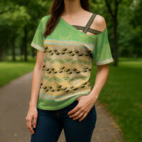 Hawaii Humuhumu Fish Maile Pikake Lei Cross Shoulder Shirt Tribal Tapa Green Version