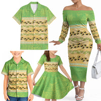 Hawaii Humuhumu Fish Maile Pikake Lei Family Matching Off The Shoulder Long Sleeve Dress and Hawaiian Shirt Tribal Tapa Green Version