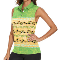 Hawaii Humuhumu Fish Maile Pikake Lei Women Sleeveless Polo Shirt Tribal Tapa Green Version
