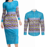 Hawaii Humuhumu Fish Maile Pikake Lei Couples Matching Long Sleeve Bodycon Dress and Long Sleeve Button Shirt Tribal Tapa Blue Version