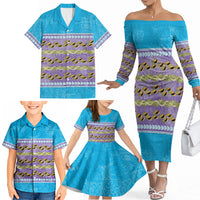 Hawaii Humuhumu Fish Maile Pikake Lei Family Matching Off The Shoulder Long Sleeve Dress and Hawaiian Shirt Tribal Tapa Blue Version