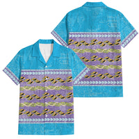 Hawaii Humuhumu Fish Maile Pikake Lei Family Matching Off The Shoulder Long Sleeve Dress and Hawaiian Shirt Tribal Tapa Blue Version