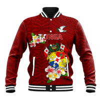 Personalized Tonga Baseball Jacket Coat Of Arms Plumeria With Ngatu Pattern LT05 Unisex Red - Polynesian Pride