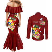 Personalized Tonga Couples Matching Mermaid Dress and Long Sleeve Button Shirts Coat Of Arms Plumeria With Ngatu Pattern LT05 - Polynesian Pride