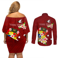 Personalized Tonga Couples Matching Off Shoulder Short Dress and Long Sleeve Button Shirts Coat Of Arms Plumeria With Ngatu Pattern LT05 - Polynesian Pride