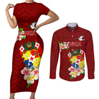 Personalized Tonga Couples Matching Short Sleeve Bodycon Dress and Long Sleeve Button Shirts Coat Of Arms Plumeria With Ngatu Pattern LT05 Red - Polynesian Pride