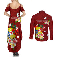 Personalized Tonga Couples Matching Summer Maxi Dress and Long Sleeve Button Shirts Coat Of Arms Plumeria With Ngatu Pattern LT05 - Polynesian Pride