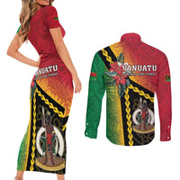 Happy Vanuatu Constitution Day Couples Matching Short Sleeve Bodycon Dress and Long Sleeve Button Shirt Flag Style With Sand Drawing Pattern