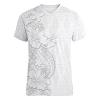 Tokelau White Sunday Women V-Neck T-Shirt Elegant Hibiscus Polynesian Tribal Pattern