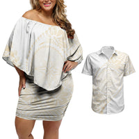Tonga White Sunday Couples Matching Off Shoulder Short Dress and Hawaiian Shirt Lotu Tamaiti Tongan Kupesi Pattern