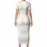 Tonga White Sunday Short Sleeve Bodycon Dress Lotu Tamaiti Tongan Kupesi Pattern