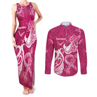 Breast Cancer Awareness Couples Matching Tank Maxi Dress and Long Sleeve Button Shirts Ribbon Polynesian Pattern Pink Version LT05 Pink - Polynesian Pride