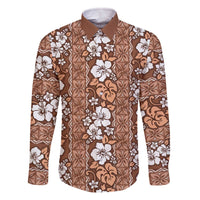 Hawaii Vintage Brown Hibiscus Tapa Pattern Family Matching Off The Shoulder Long Sleeve Dress and Hawaiian Shirt LT05 Dad's Shirt - Long Sleeve Brown - Polynesian Pride