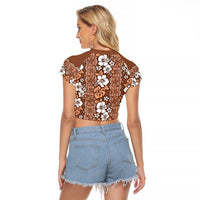 Hawaii Vintage Brown Hibiscus Tapa Pattern Raglan Cropped T Shirt