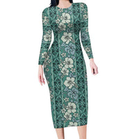 Hawaii Vintage Green Hibiscus Tapa Pattern Family Matching Long Sleeve Bodycon Dress and Hawaiian Shirt LT05 Mom's Dress Green - Polynesian Pride