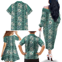 Hawaii Vintage Green Hibiscus Tapa Pattern Family Matching Off The Shoulder Long Sleeve Dress and Hawaiian Shirt LT05 - Polynesian Pride