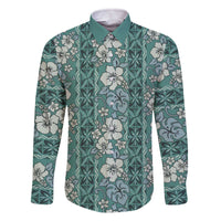 Hawaii Vintage Green Hibiscus Tapa Pattern Family Matching Off The Shoulder Long Sleeve Dress and Hawaiian Shirt LT05 Dad's Shirt - Long Sleeve Green - Polynesian Pride