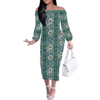 Hawaii Vintage Green Hibiscus Tapa Pattern Family Matching Off The Shoulder Long Sleeve Dress and Hawaiian Shirt LT05 Mom's Dress Green - Polynesian Pride