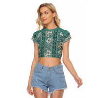 Hawaii Vintage Green Hibiscus Tapa Pattern Raglan Cropped T Shirt