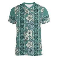 Hawaii Vintage Green Hibiscus Tapa Pattern Women V-Neck T-Shirt