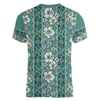Hawaii Vintage Green Hibiscus Tapa Pattern Women V-Neck T-Shirt