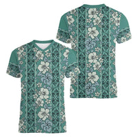Hawaii Vintage Green Hibiscus Tapa Pattern Women V-Neck T-Shirt