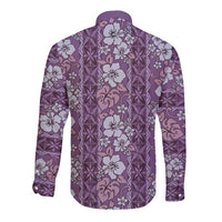 Hawaii Vintage Violet Hibiscus Tapa Pattern Long Sleeve Button Shirt