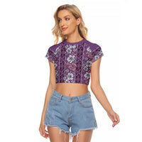 Hawaii Vintage Violet Hibiscus Tapa Pattern Raglan Cropped T Shirt