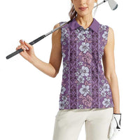 Hawaii Vintage Violet Hibiscus Tapa Pattern Women Sleeveless Polo Shirt