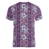 Hawaii Vintage Violet Hibiscus Tapa Pattern Women V-Neck T-Shirt