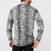 Hawaii Vintage Gray Hibiscus Tapa Pattern Button Sweatshirt