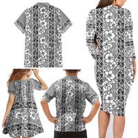 Hawaii Vintage Gray Hibiscus Tapa Pattern Family Matching Long Sleeve Bodycon Dress and Hawaiian Shirt LT05 - Polynesian Pride