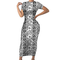 Hawaii Vintage Gray Hibiscus Tapa Pattern Family Matching Short Sleeve Bodycon Dress and Hawaiian Shirt LT05 Mom's Dress Gray - Polynesian Pride