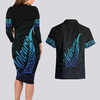 Aotearoa New Zealand Couples Matching Long Sleeve Bodycon Dress and Hawaiian Shirt Koru Fern Blue Gradient LT05 - Polynesian Pride