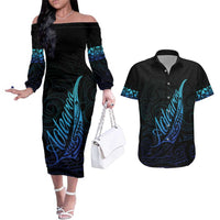 Aotearoa New Zealand Couples Matching Off The Shoulder Long Sleeve Dress and Hawaiian Shirt Koru Fern Blue Gradient LT05 Blue - Polynesian Pride