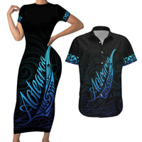 Aotearoa New Zealand Couples Matching Short Sleeve Bodycon Dress and Hawaiian Shirt Koru Fern Blue Gradient LT05 Blue - Polynesian Pride