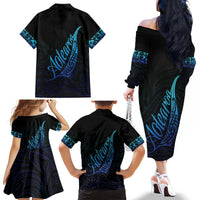 Aotearoa New Zealand Family Matching Off The Shoulder Long Sleeve Dress and Hawaiian Shirt Koru Fern Blue Gradient LT05 - Polynesian Pride