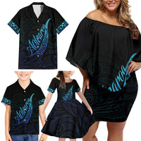 Aotearoa New Zealand Family Matching Off Shoulder Short Dress and Hawaiian Shirt Koru Fern Blue Gradient LT05 - Polynesian Pride
