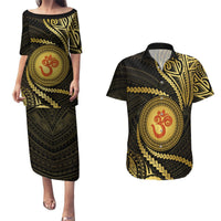 Polynesia Couples Matching Puletasi Dress and Hawaiian Shirt With Hindu Om Symbol LT05 Gold - Polynesian Pride