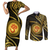 Polynesia Couples Matching Short Sleeve Bodycon Dress and Long Sleeve Button Shirt With Hindu Om Symbol LT05 Gold - Polynesian Pride